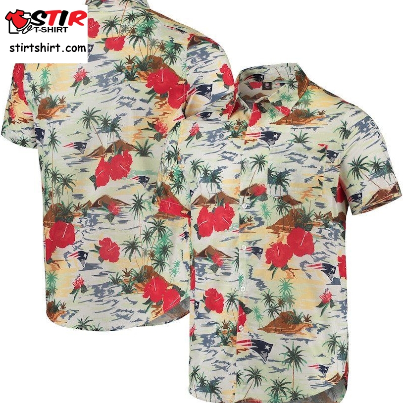 New England Patriots Cream Paradise Floral Button Up Hawaiian Shirt  Men's  Pattern