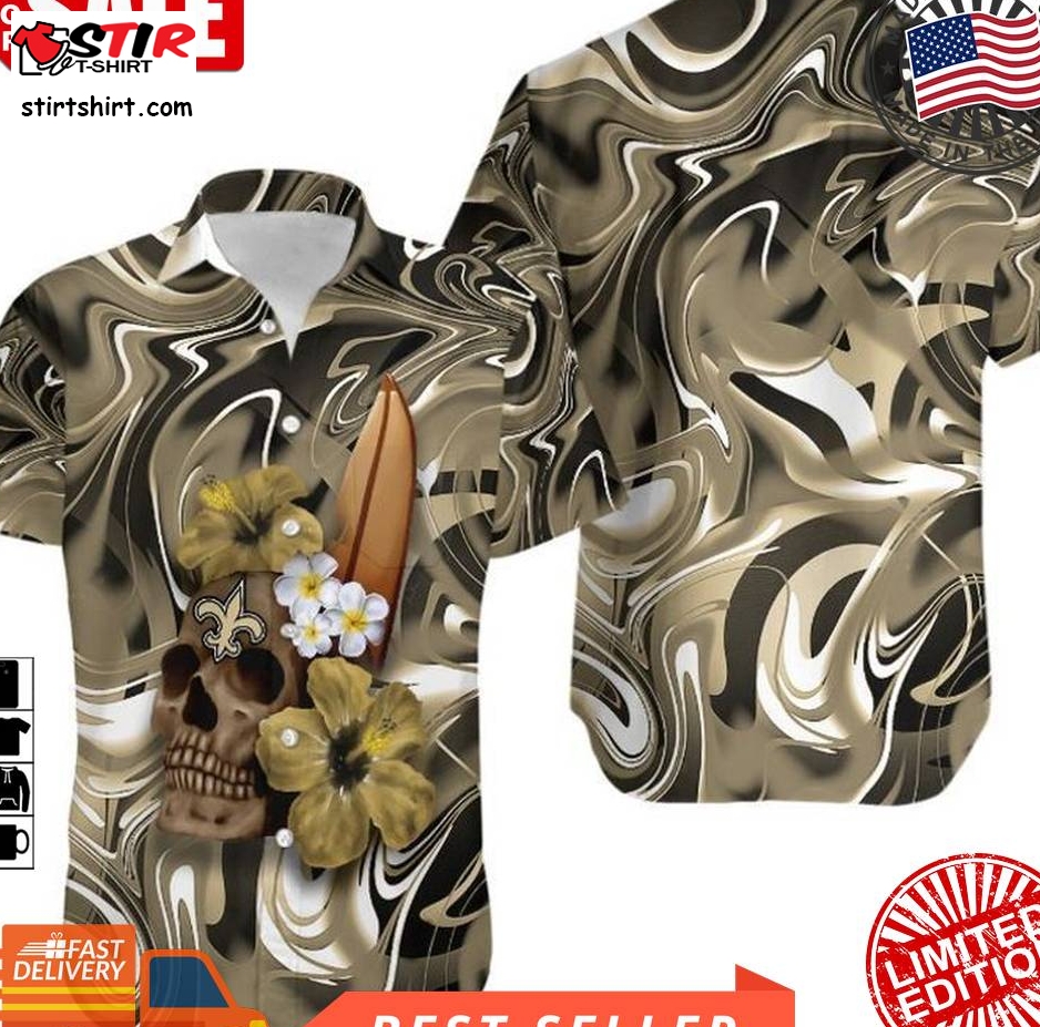 New Orleans Saints Skull And Hibiscus Flower Nfl Gift For Fan Hawaii Shirt And Shorts Summer Collection H97  New Orleans Saints 