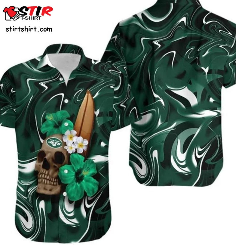 New York Jets Skull And Hibiscus Flower Gift For Fan Hawaiian Shirt  New York Jets 