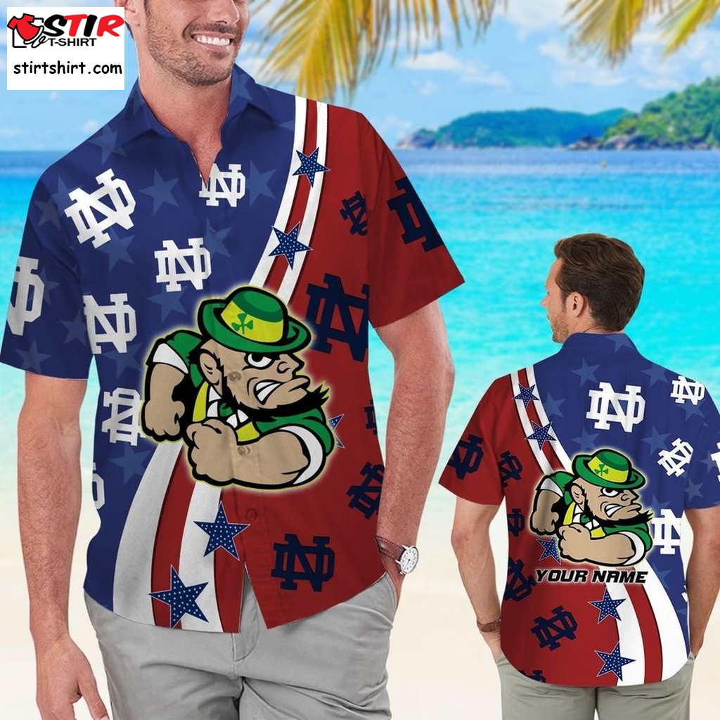 Notre Dame Fighting Irish American Flag Custom Name Men Women Short Sleeve Button Up Tropical Aloha Hawaiian Shirts For Men Women University Of Notre Dame