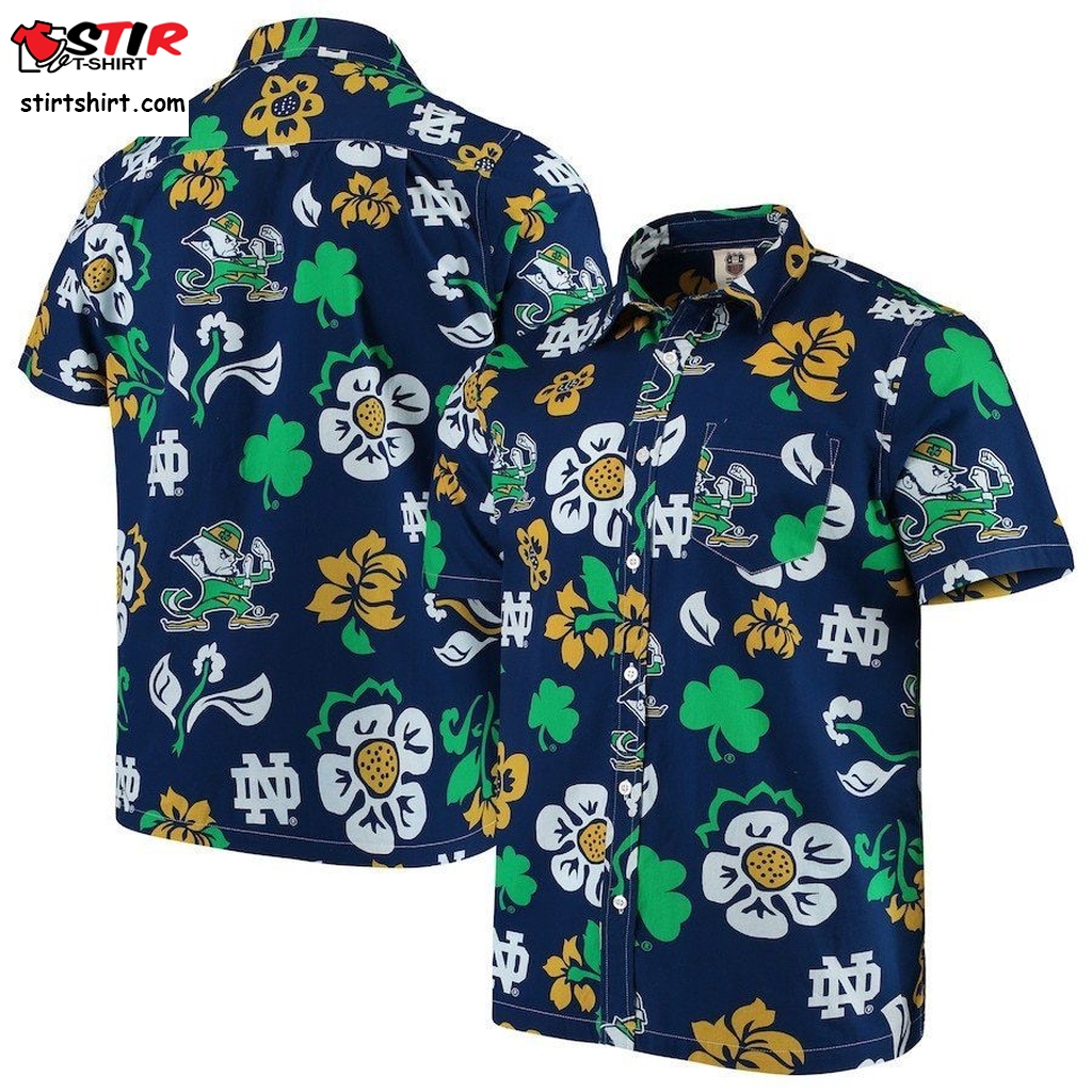 Notre Dame Fighting Irish Navy Floral Button Up Hawaiian Shirt   Styled