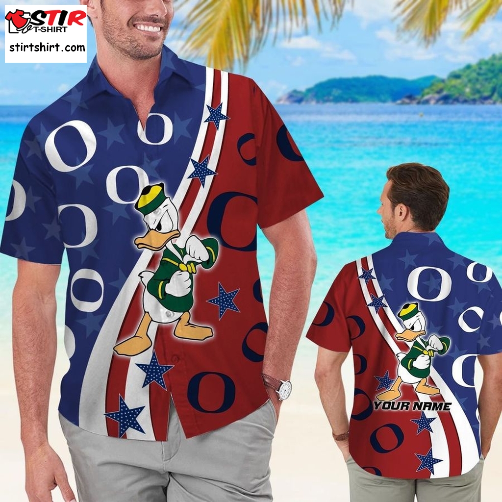 Oregon Ducks American Flag Custom Name Men Women Short Sleeve Button Up Tropical Aloha Hawaiian Shirts For Men Women University Of Oregon