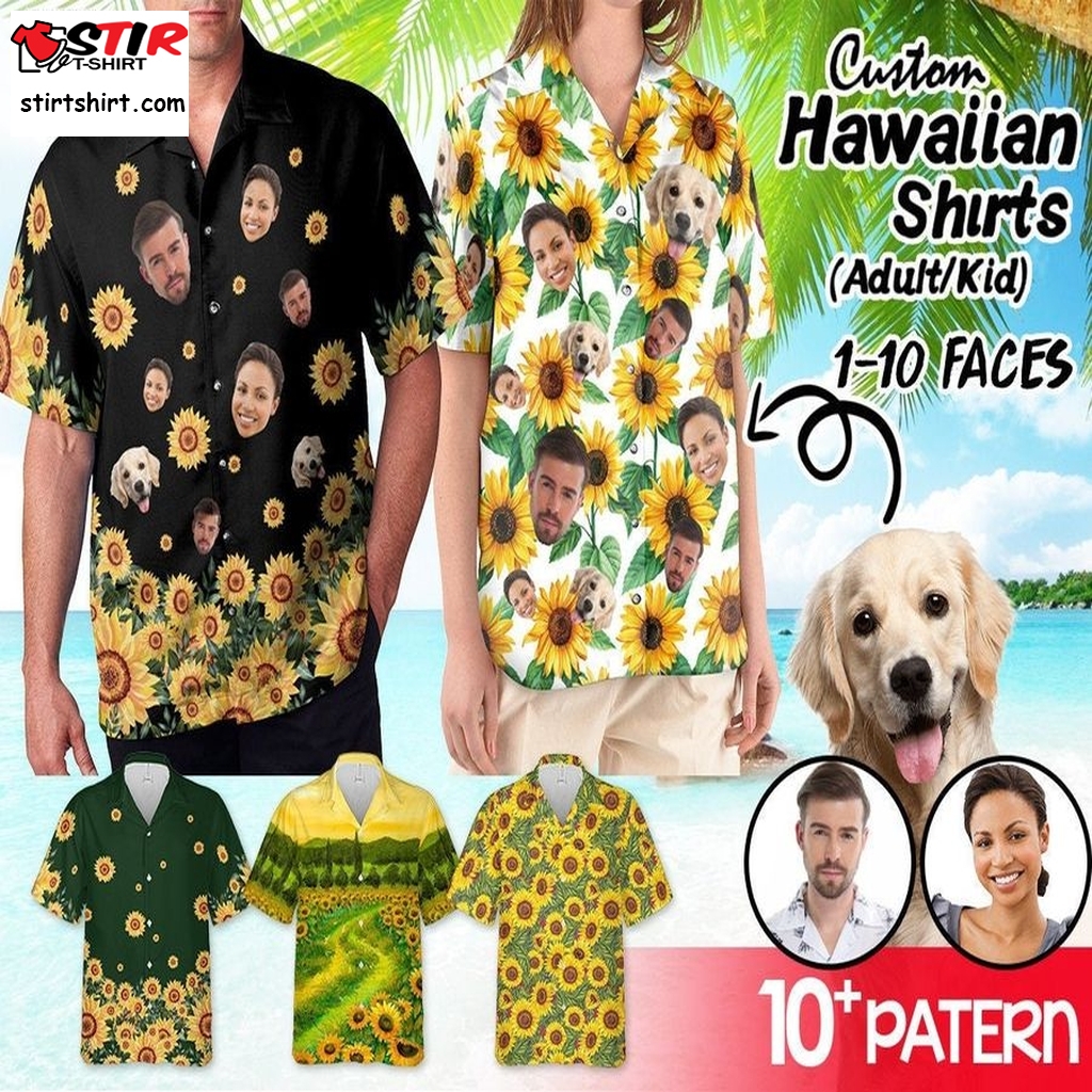 Personalized Hawaiian Shirt With Face, Custom Dog, Cat, Adult, Kid Hawaii Shirt, Matching Sunflower Button Up Shirt For Beach Vacation 1   With Dog Face