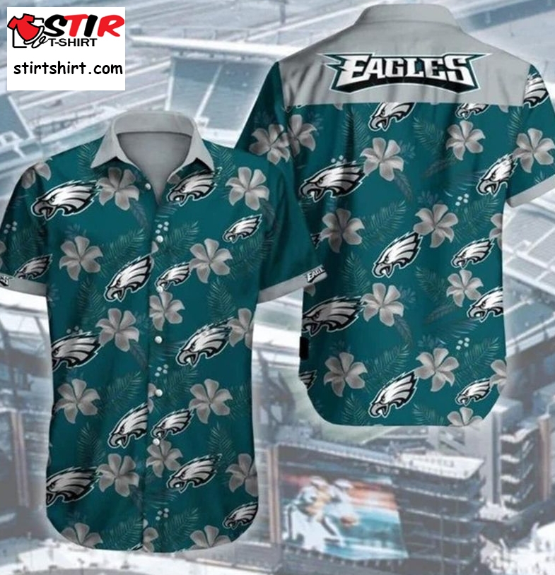 Philadelphia Eagles Hibicus Button Hawaiian Graphic Print Short Sleeve Hawaiian Shirt  Philadelphia Eagles 
