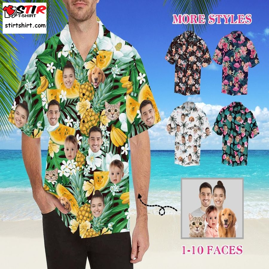 Pineapple Hawaii Faces Shirt, Custom Hawaiian Shirt With Dogs Cats Faces Logos, Personalized Button Up Shirt, Birthday Bachelor Party Shirt   With Dog Face