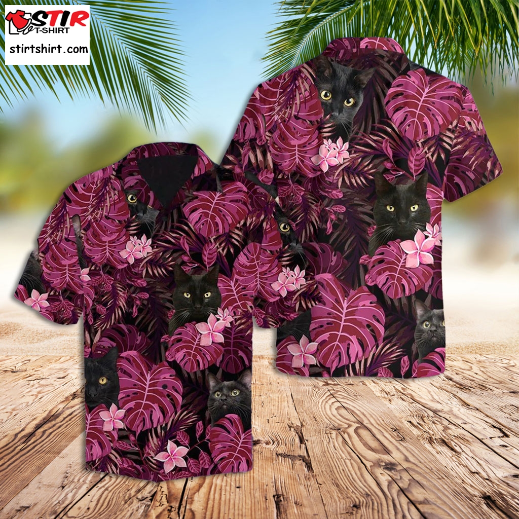 Pink Hawaiian Shirt Black Cat Aloha Pink Floral Tropical Hawaiian Shirt