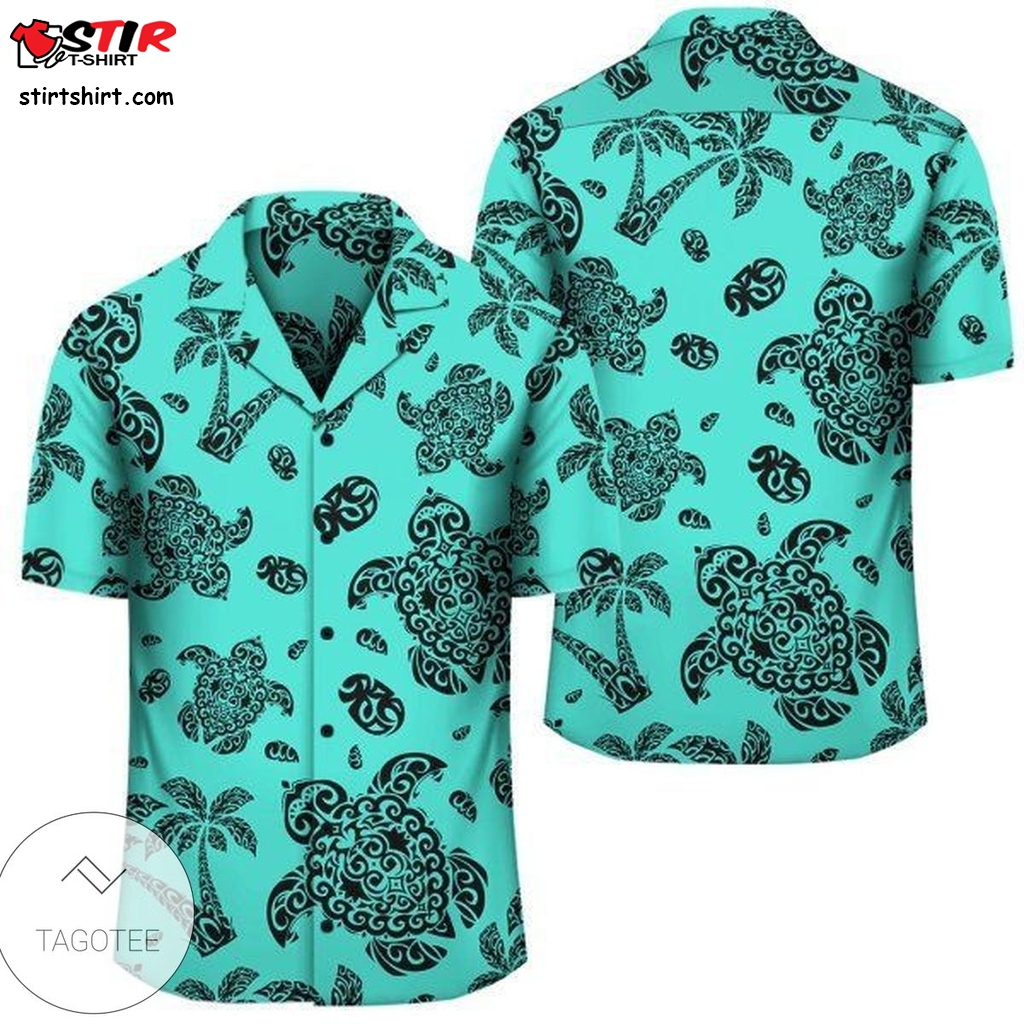Polynesian Turtle Palm And Sea Pebbles Turquoise Hawaiian Shirt