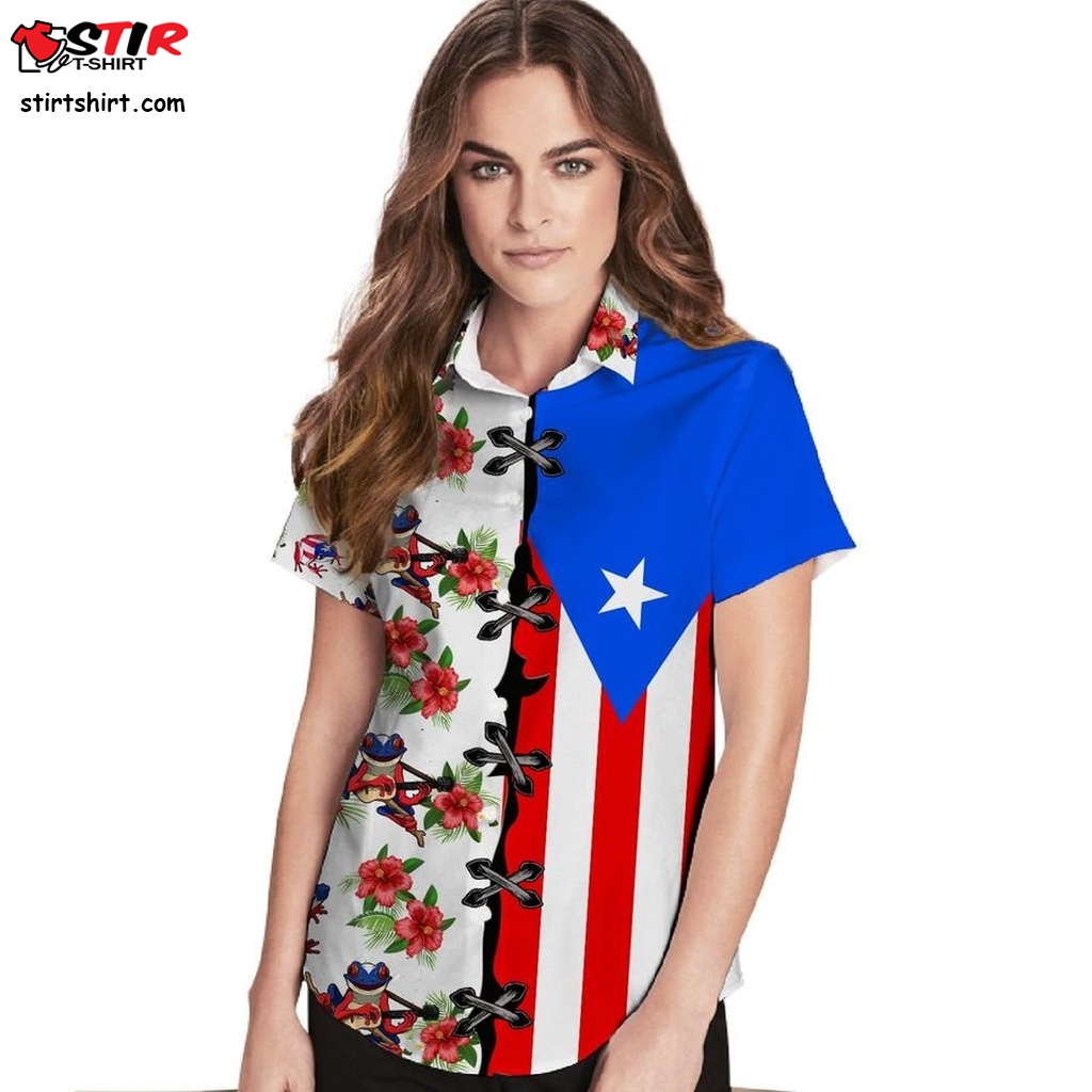 Puerto Rico Flag Hibiscus Coqui Frog Women Hawaiian Shirt For Puerto Ricans Or Boricua  Black Cat 