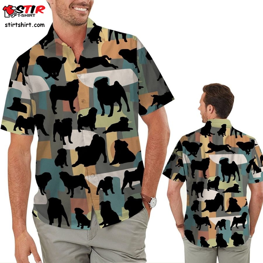 Pug Silhouettes Pastel Colors Lovely Men Aloha Hawaiian Button Up Shirt For Dog Pet Animal Lovers On Beach Summer Vacation
