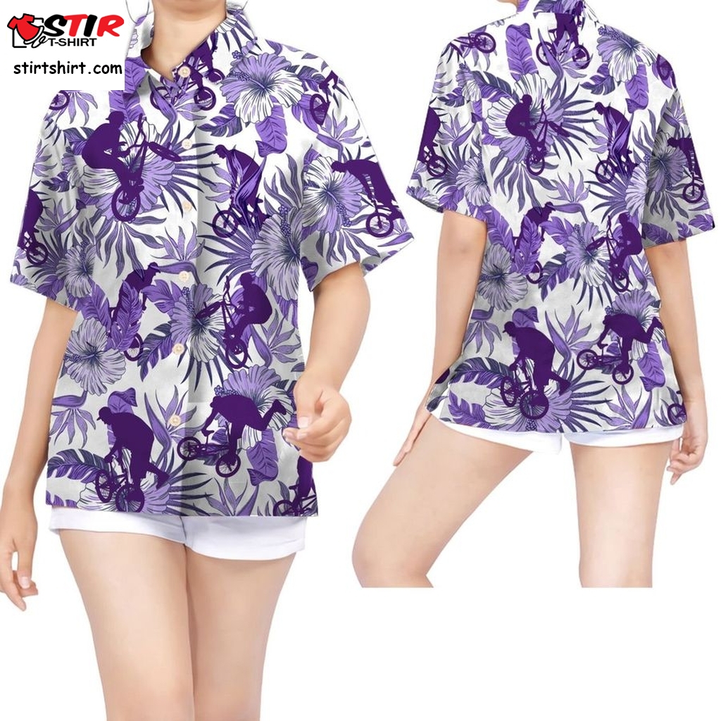 Purple Bmx Hibiscus Women Hawaiian Shirt For Extreme Sport Lovers  Purple 