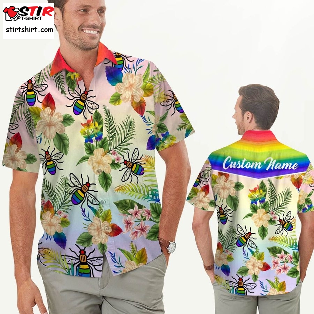 Rainbow Bee Hibiscus Flower Custom Name Men Hawaiian Shirt For Lgbt Community  Hawaiian Flower Shirt