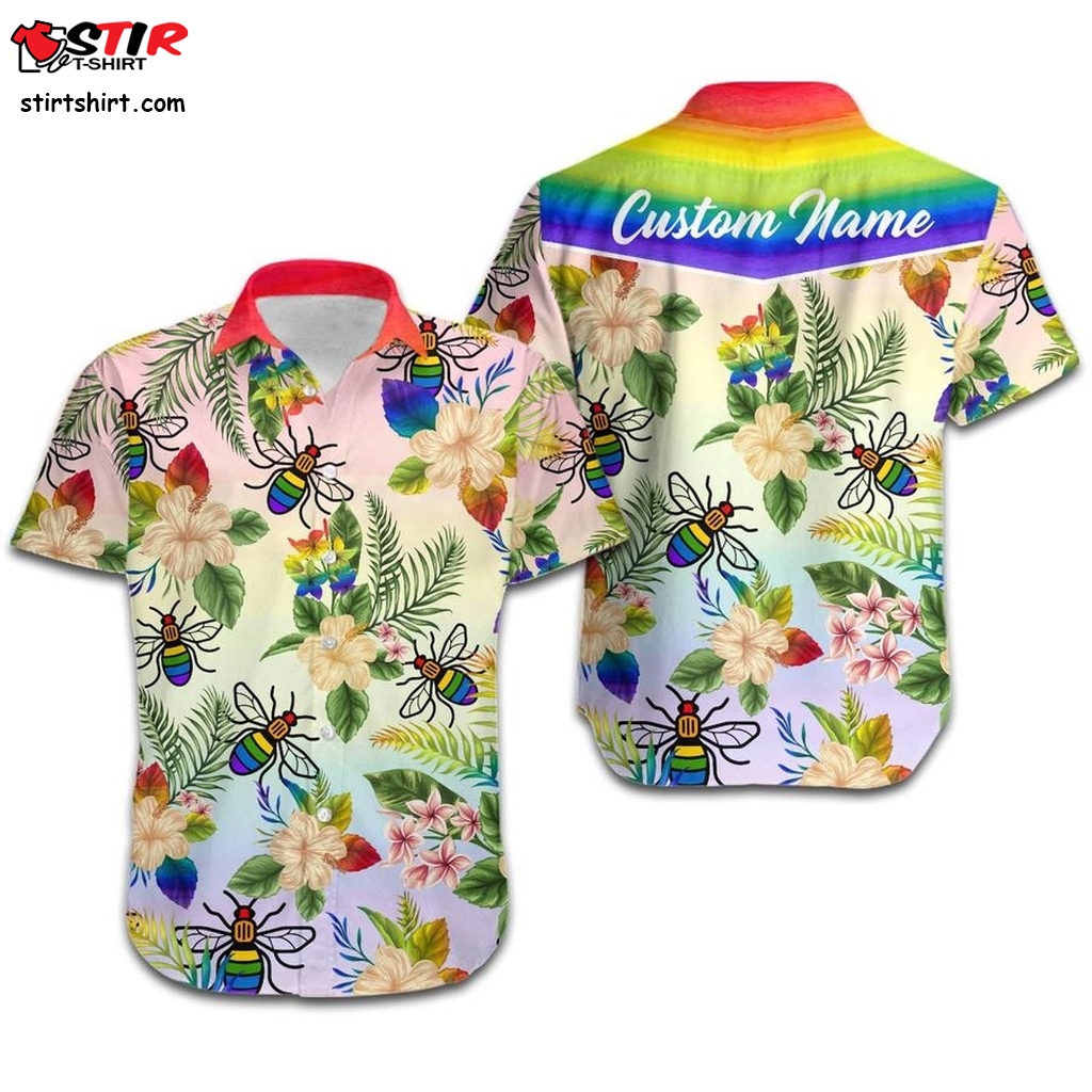 Rainbow Bee Hibiscus Flower Custom Name Women Hawaiian Shirt For Lgbt Community  Hawaiian Flower Shirt