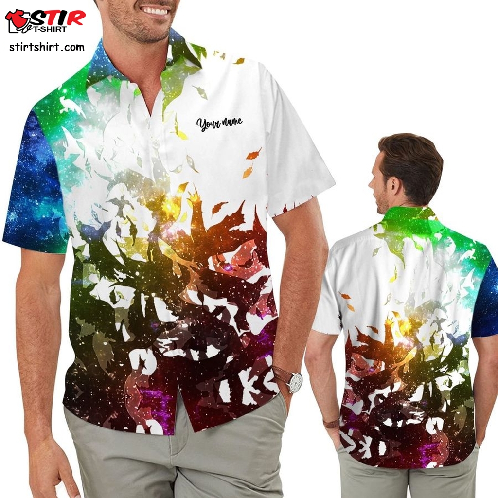 Rainbow Galaxy Birds Custom Name Pride 3D Men Hawaii Aloha Button Up Shirt For Lgbtq Gay Lesbian Bisexual Transgender