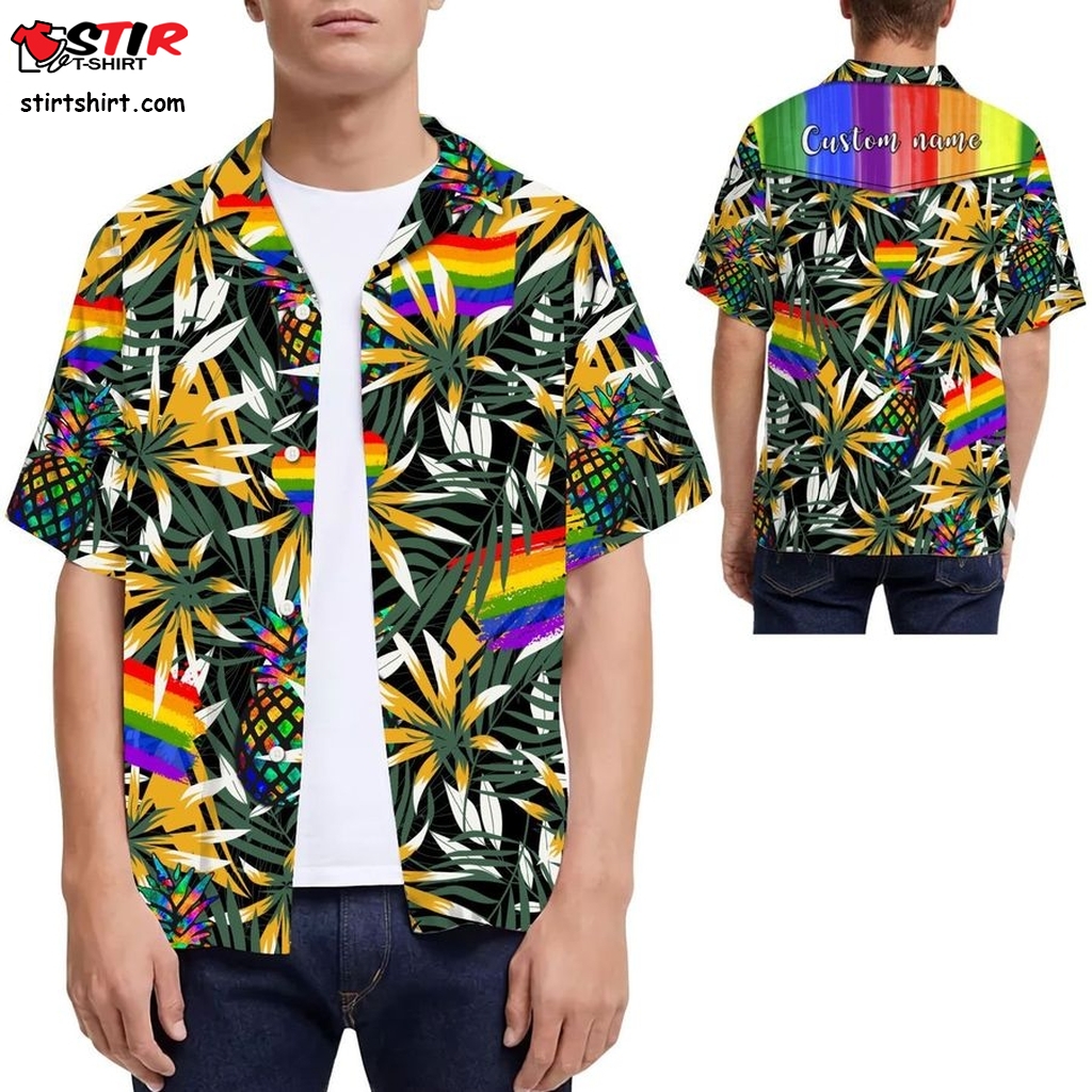 Rainbow Pineapples Tropical Leaves Custom Name Men Hawaiian Shirt For Lgbt Community  Tie Dye 