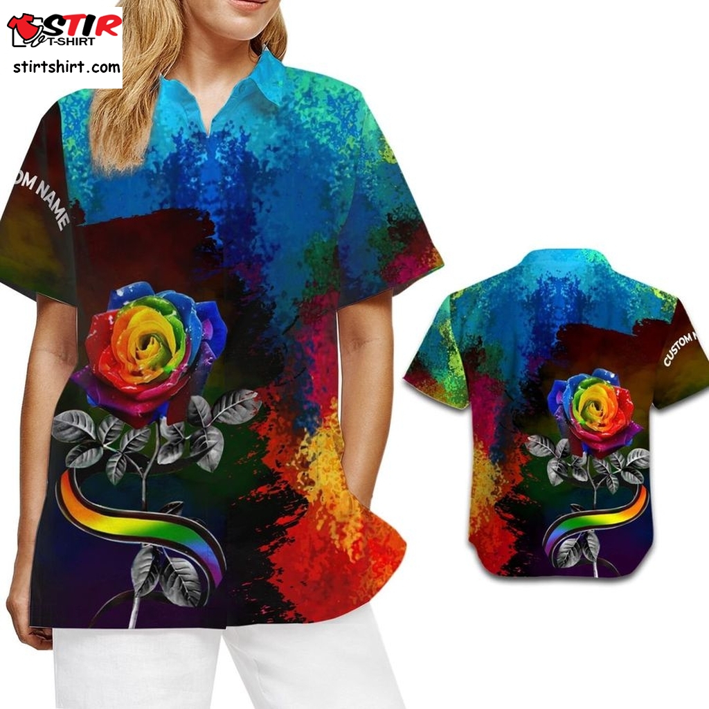Rainbow Rose Flower Custom Name Hawaiian Aloha Tropical Floral Beach Button Up Women Shirt For Lgbt Gay Les Bi Trans  How To Wear 