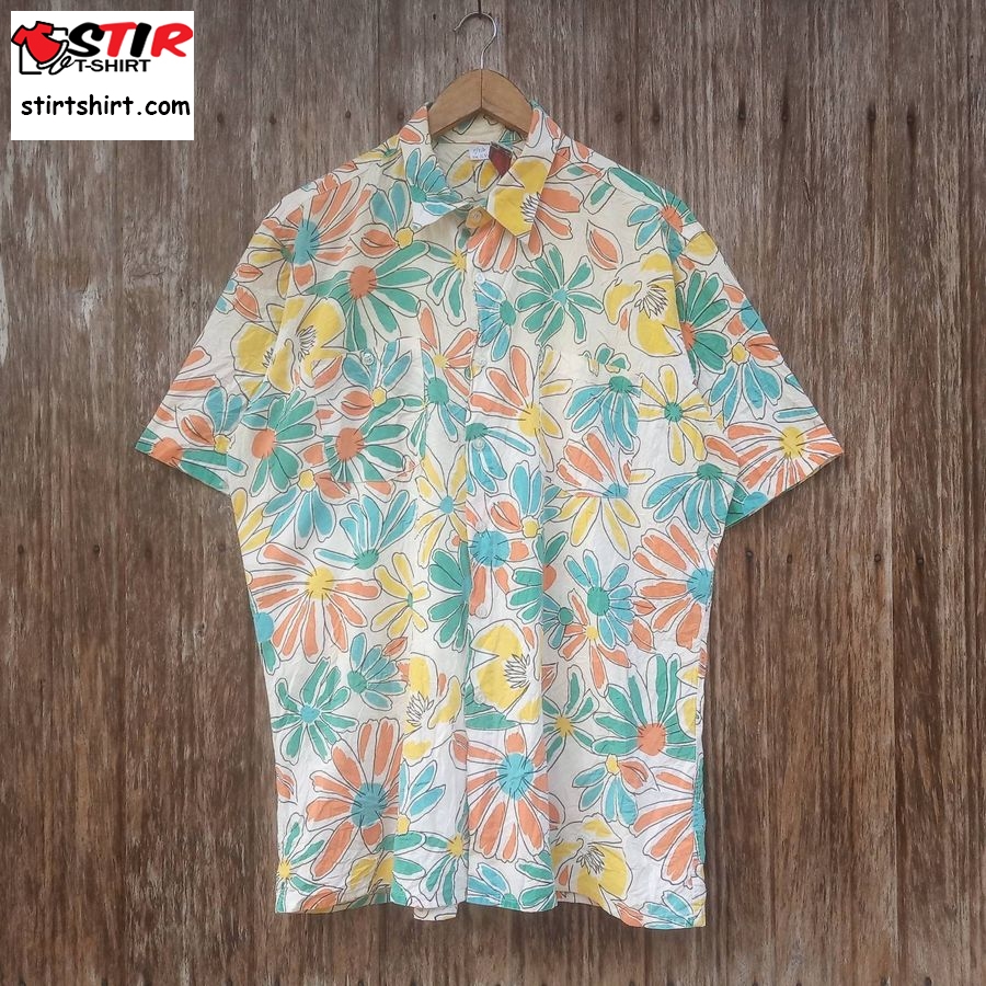 Rare!! Hawaiian Rayon Shirt Overprinted Flower Colourful Beach Hawaiian Shirt Size L  Ken Jennings Leno 