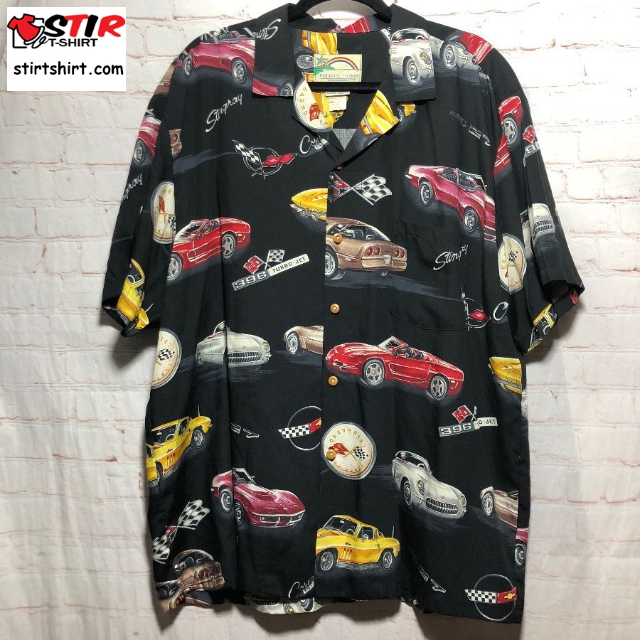 Rayon Hawaiian Shirt W Gm Corvette Stingray Car Print Fabric