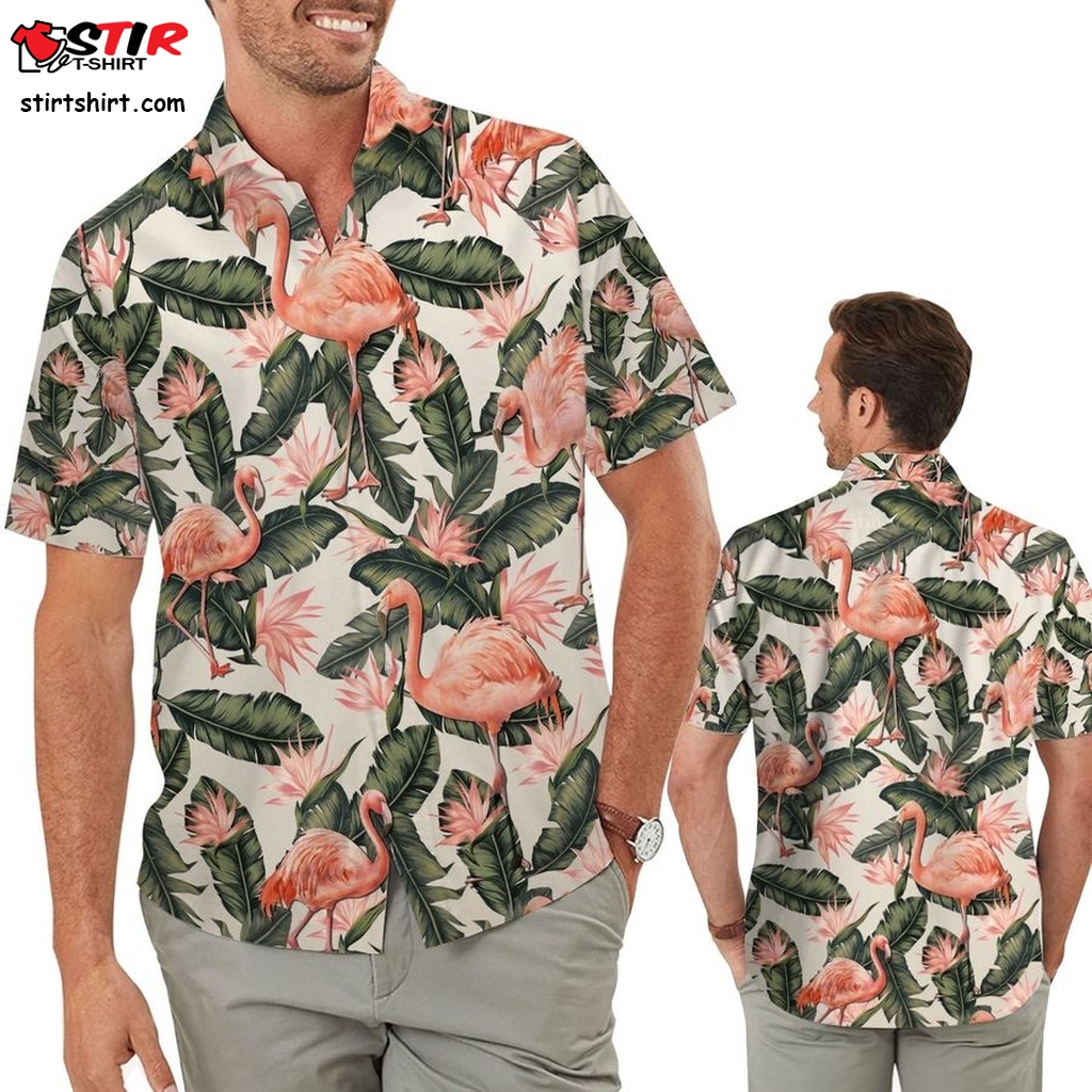 Retro Flamingo Men Hawaiian Aloha Tropical Floral Beach Button Up Shirt For Bird Lovers On Summer Vacation  Shoes To Wear With 