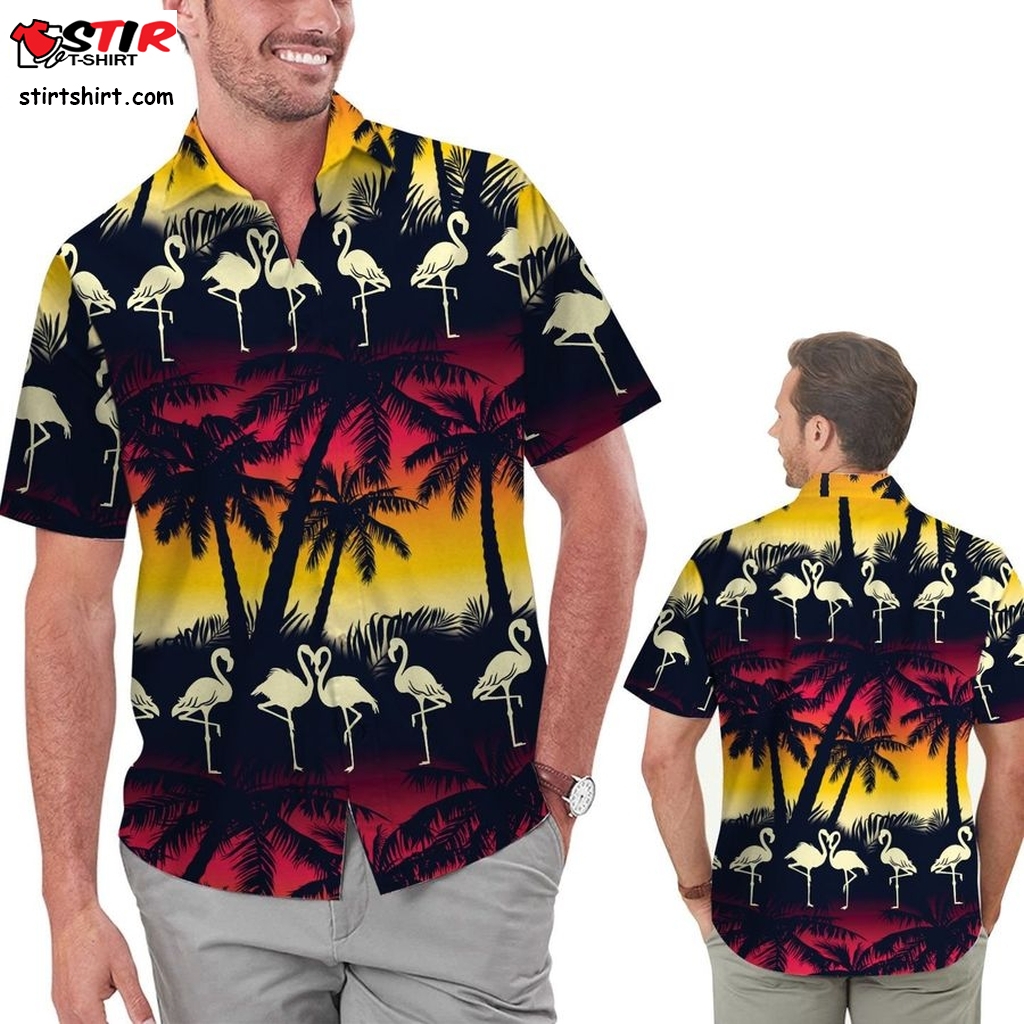 Retro Style Flamingo Coconut Tree Men Hawaiian Aloha Tropical Floral Beach Button Up Shirt For Flaming Bird Lovers On Summer Vacation