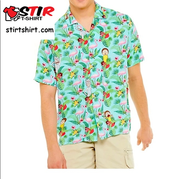 Rick And Morty Hawaiian Camp Shirt Mens 2X Adult Swim Blue Floral Cartoon Rayon  Rick And Morty 
