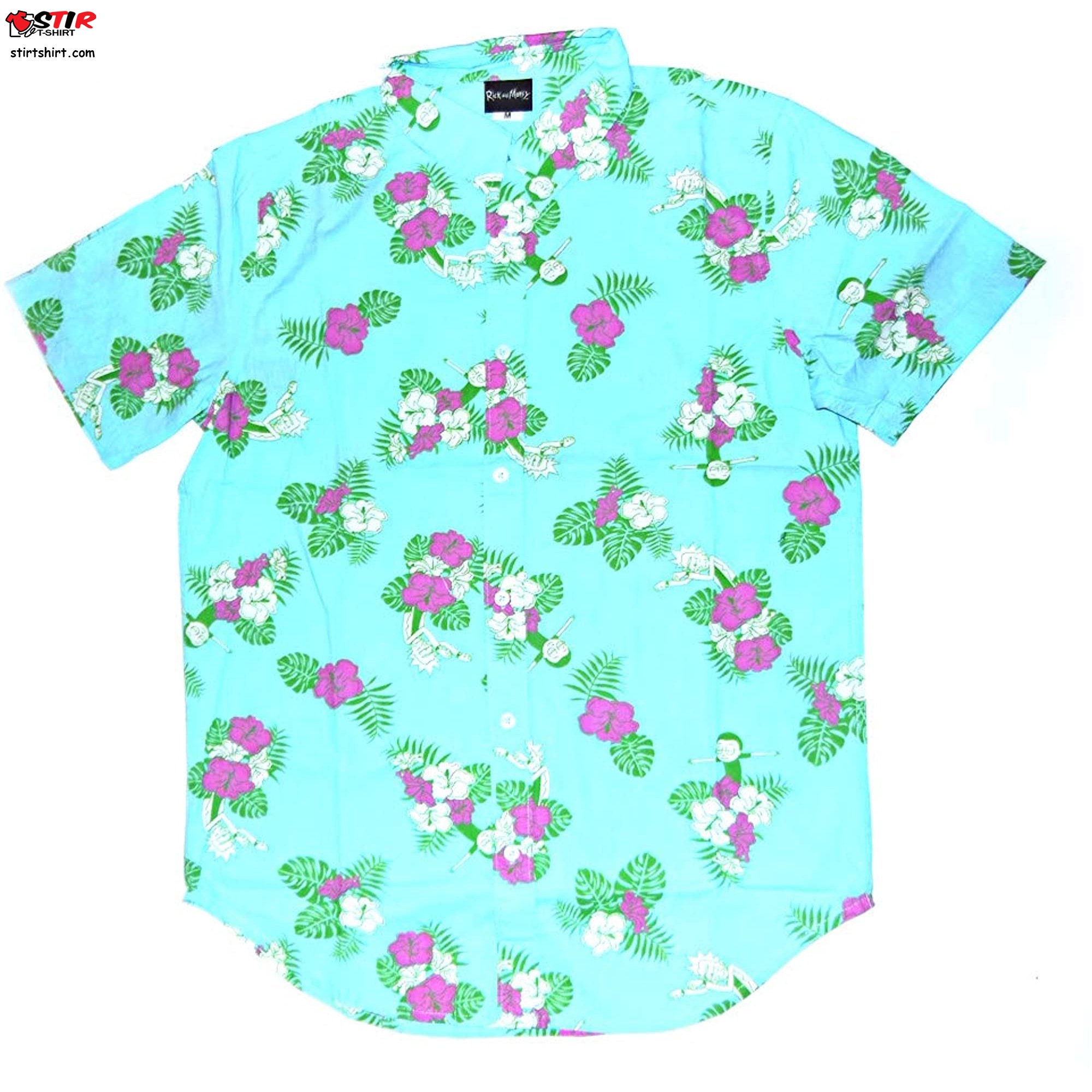 Ripple Junction Rick And Morty Adult Unisex Hawaiian Floral Dancing Light Weight Button Up Shirt