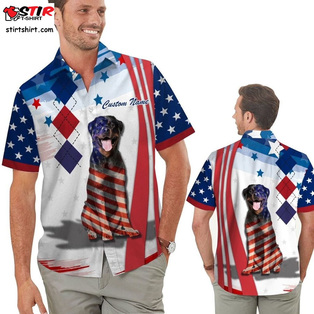 Rottweiler American Flag Independence Day 4Th Of July Custom Name Men Hawaiian Shirt