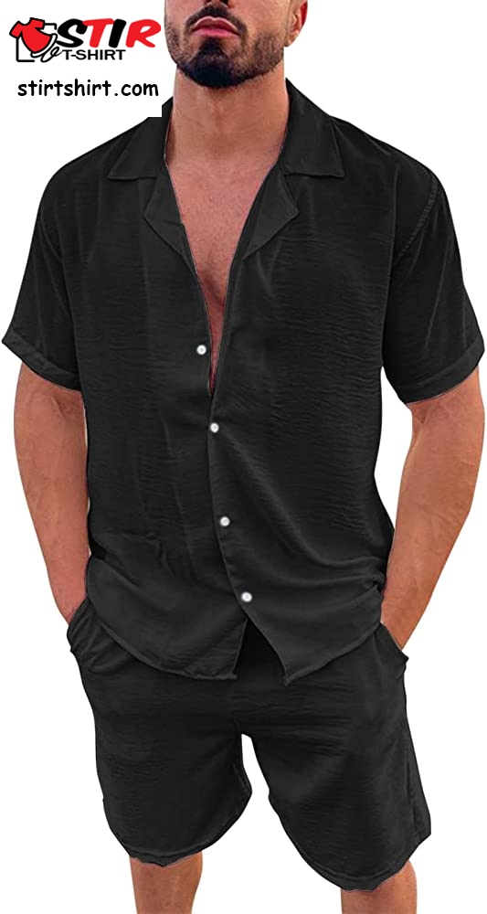 Rvidbe Men Hawaiian Outfit Men_S Hawaiian Sets Fashion Short Sleeve Button Down Shirts Summer Outfits Shirts  Black  Outfit