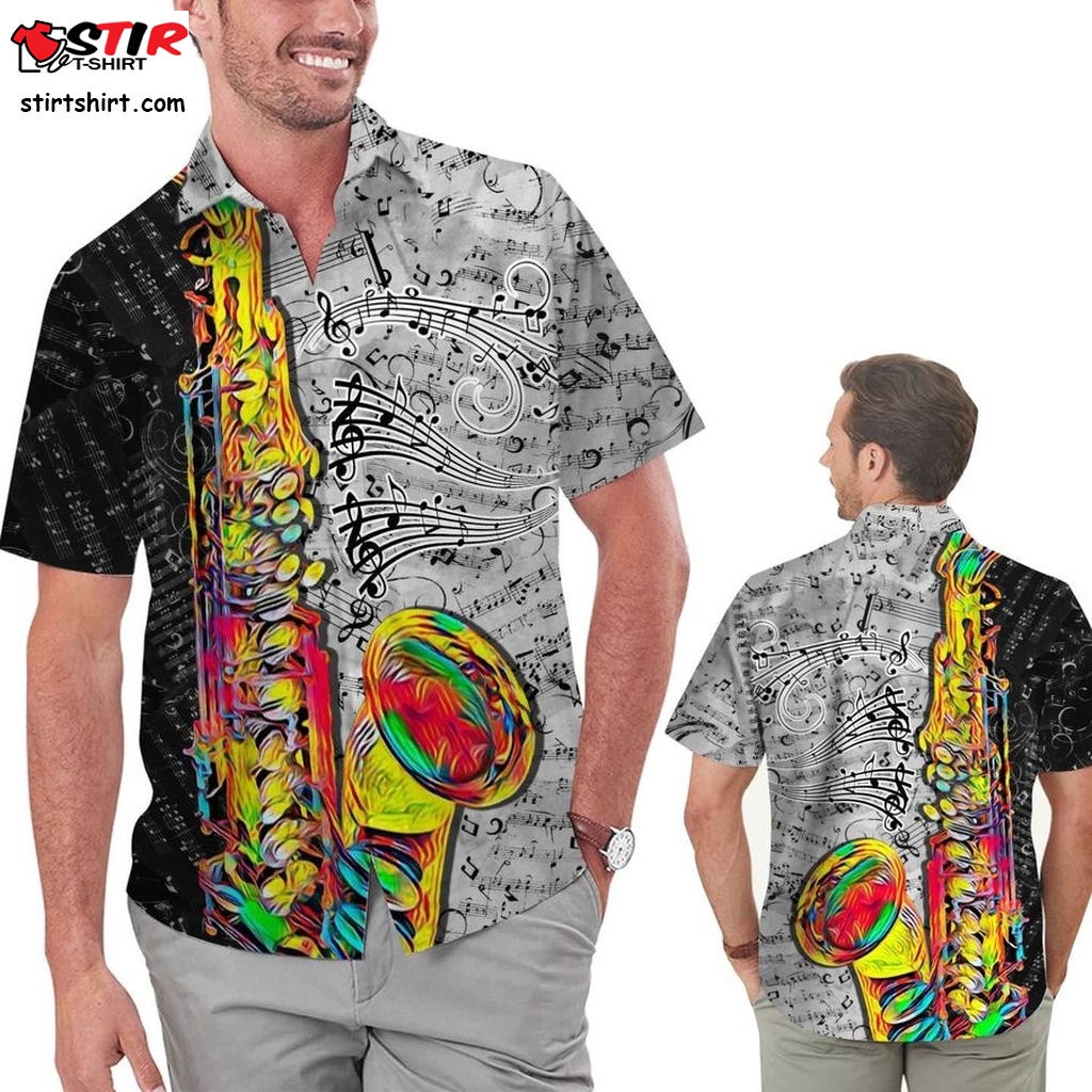 Saxophone Colorful Line Music Note Aloha Men Button Up Hawaiian Shirt For Musical Instrument Lovers On The Beach Summer