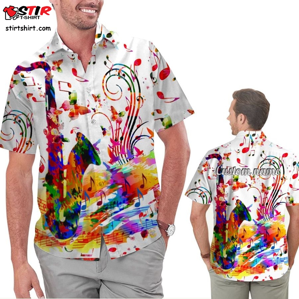 Saxophone Colorful Tropical Floral Custom Name Personalized Aloha Men Button Up Hawaiian Shirt For Music Lovers Summer