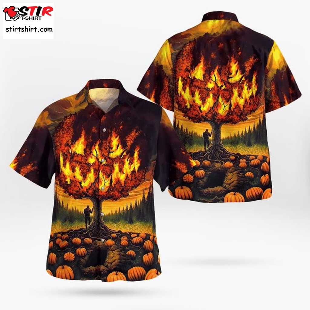 Scary Burning Tree Smiling Spooky Pumpkin Halloween 3D Hawaii Shirt, All Over Print, 3D Tshirt, Hoodie, Sweatshirt, Long Sleeve, Aop Shirt  Long Sleeve Hawaiian T Shirt