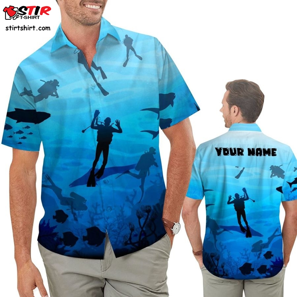Scuba Diving Ocean Fish Tropical Beach Coral Custom Name Personalized Gifts Men Button Up Hawaiian Shirts For Divers  Jeff Spicoli 
