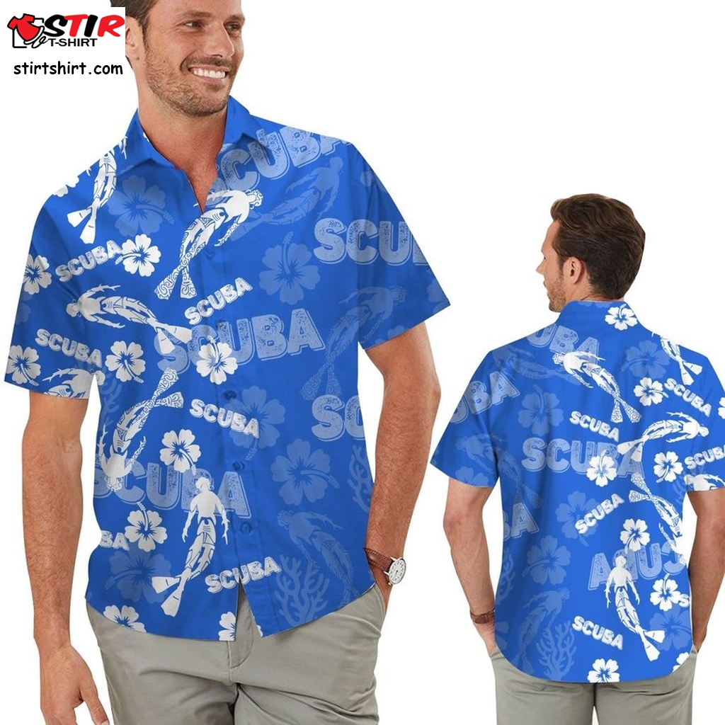 Scuba Diving Ocean Tropical Floral Beach Coral Men Aloha Button Up Hawaiian Shirts For Divers In Daily Life