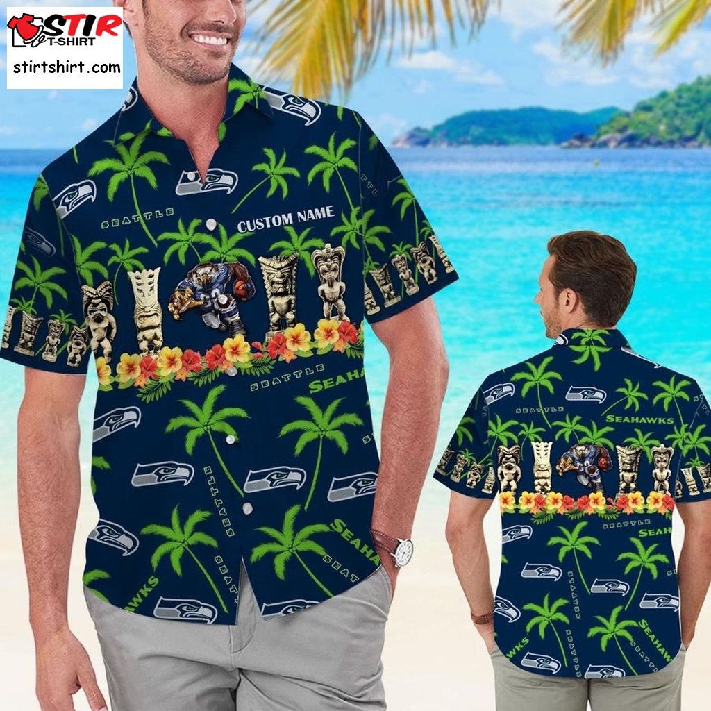 Seattle Seahawks Custom Name Short Sleeve Button Up Tropical Aloha Hawaiian Shirts For Men Women