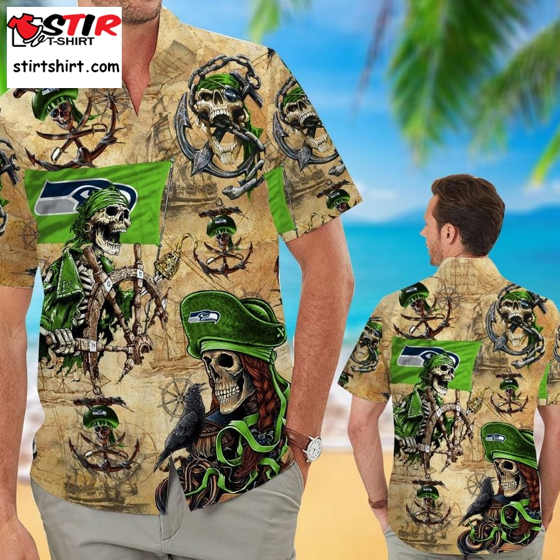 Seattle Seahawks Pirates Aloha Hawaiian Button Up Shirt Retro Vintage Style Full Size For Sale  Seattle Seahawks 