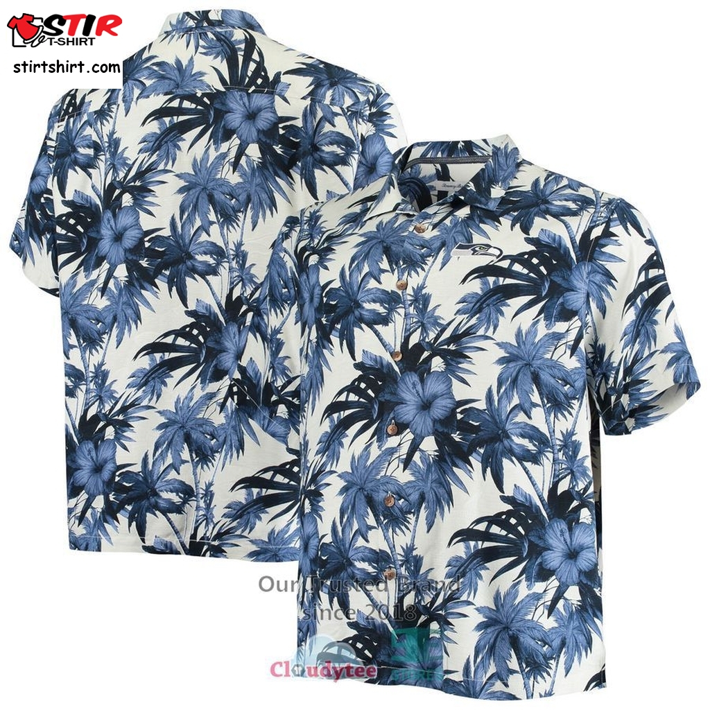 Seattle Seahawks Tommy Bahama Big  Tall Sport Harbor Island Hibiscus Silk Navy Hawaiian Shirt