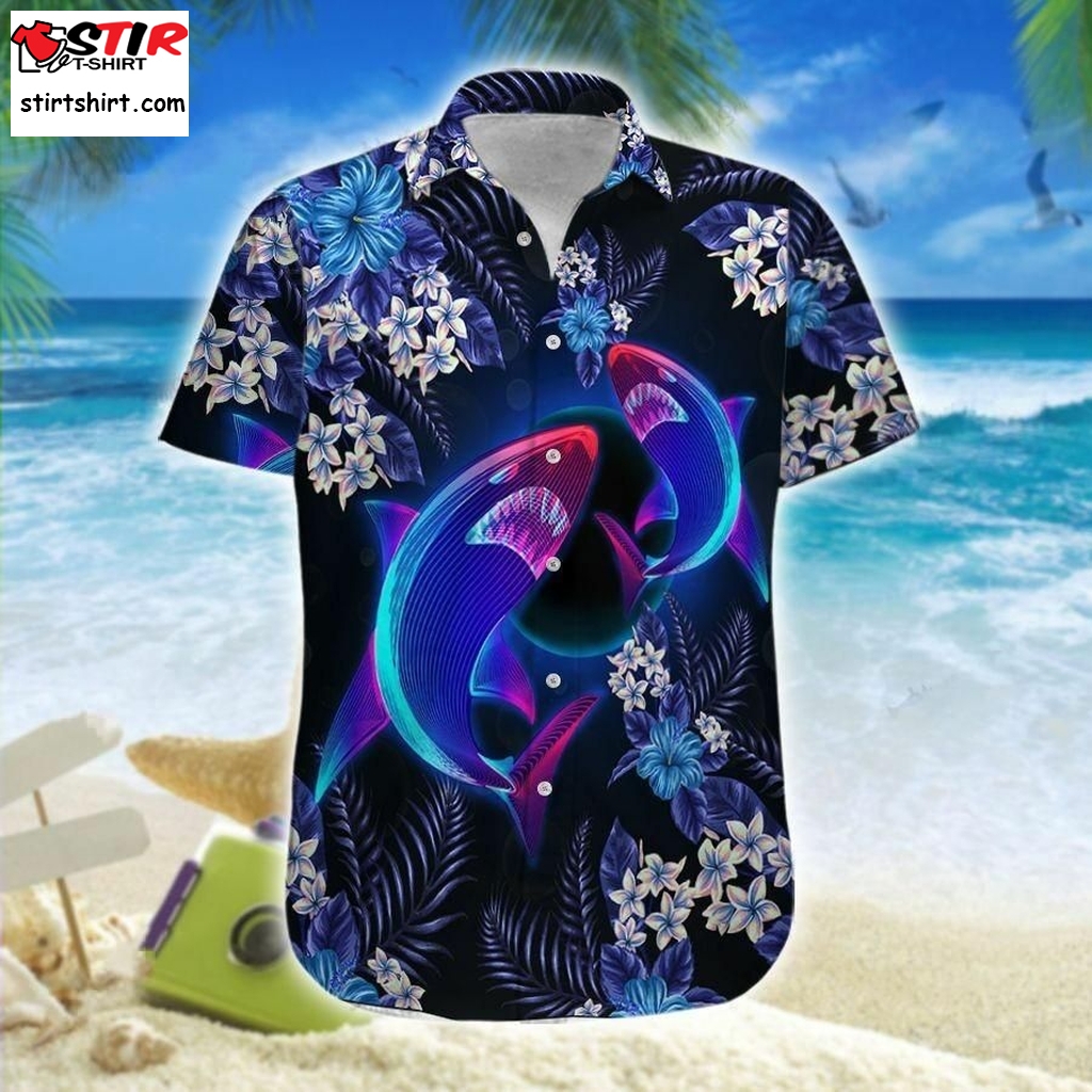 Sharks Neon Floral Hawaiian Shirt Aloha Tactical Hawaiian Shirts Personalized Shirt, Funny Shirts