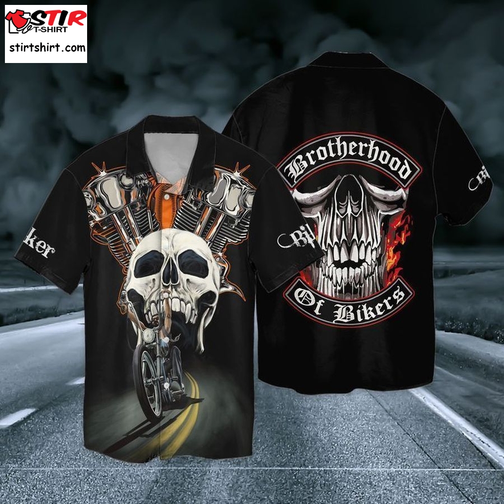 Skull Motorcycle Brotherhood Of Bikers For Men And Women Graphic Print Short Sleeve Hawaiian Casual Shirt Y97