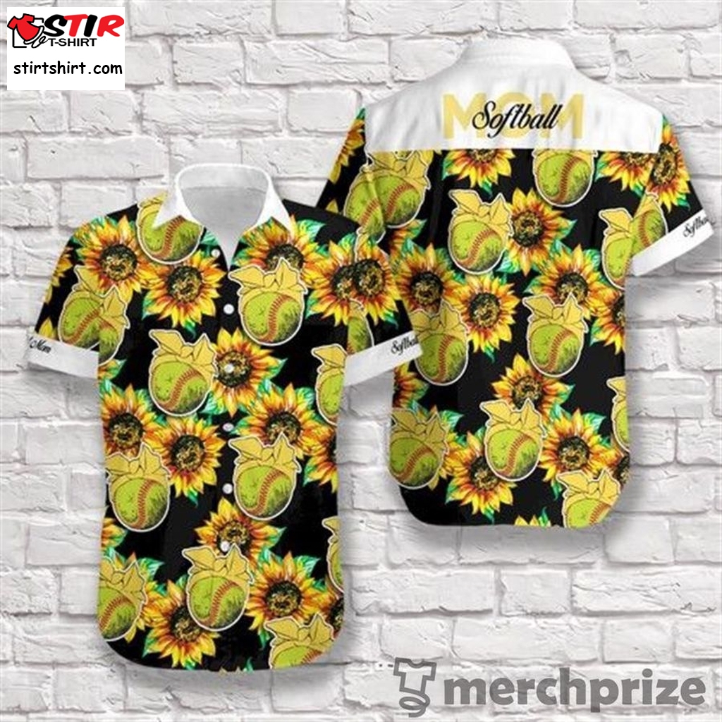 Softball Mom Yellow Sunflower Pattern Short Sleeves Hawaiian Shirt   Red And Yellow 