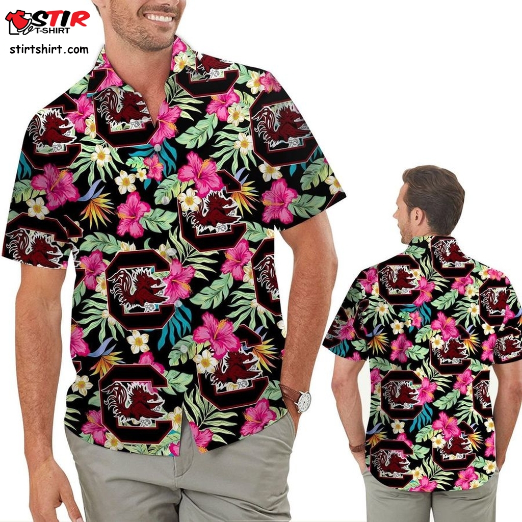 South Carolina Gamecocks Hibiscus Short Sleeve Button Up Tropical Aloha Hawaiian Shirts For Men Women For Sport Lovers In Summer University Of South Carolina  Black Cat 