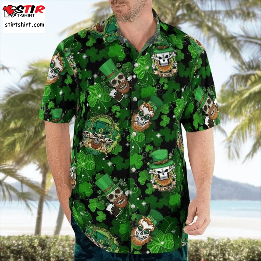 St Patricks Day Hawaiian Shirt   Many Patrick Skulls Green Clover Pattern Hawaii Shirt   Gift For Irish  White  Wedding