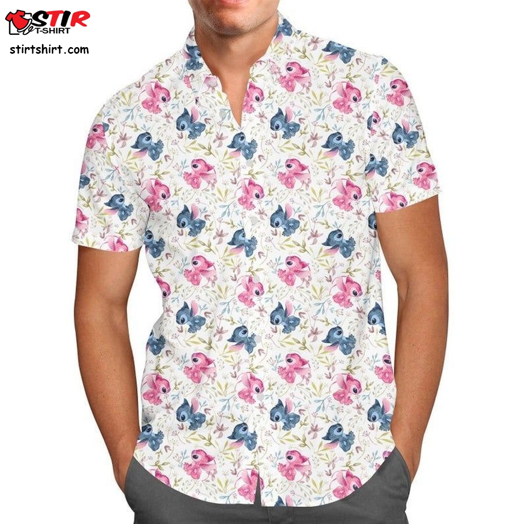 Stitch Loves Angel Cartoon Lilo And Stitch For Men And Women Graphic Print Short Sleeve Hawaiian Casual Shirt Y97