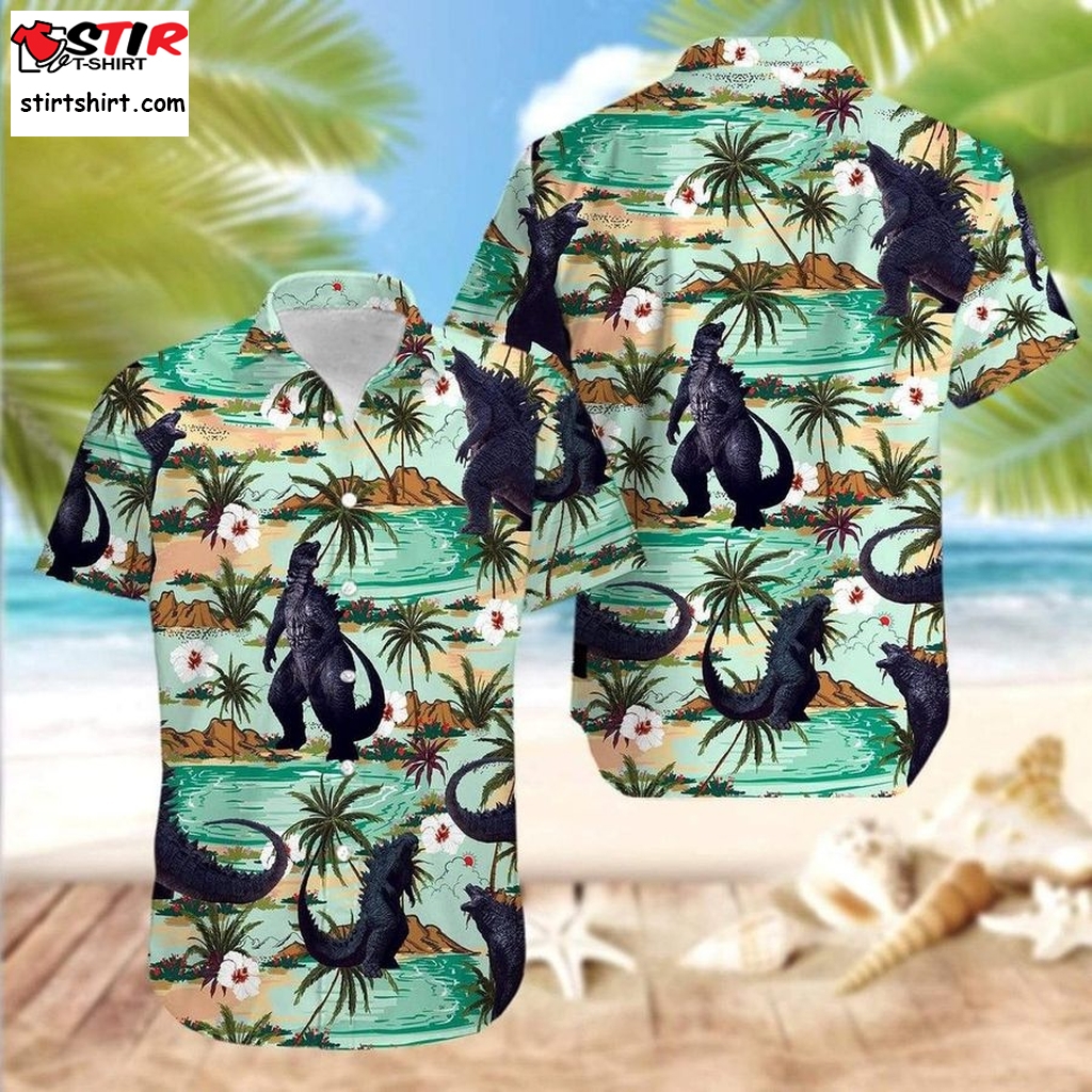 Sunset Godzilla Tropical Island Hawaiian Shirt