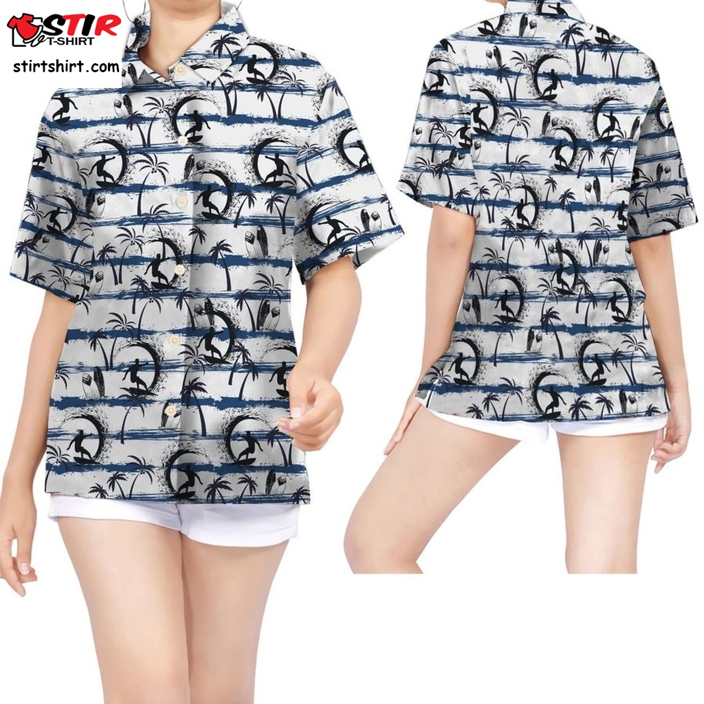 Surfing Coconut Tree Women Hawaii Shirt For Water Sport Lovers In Daily Life  Black Cat 
