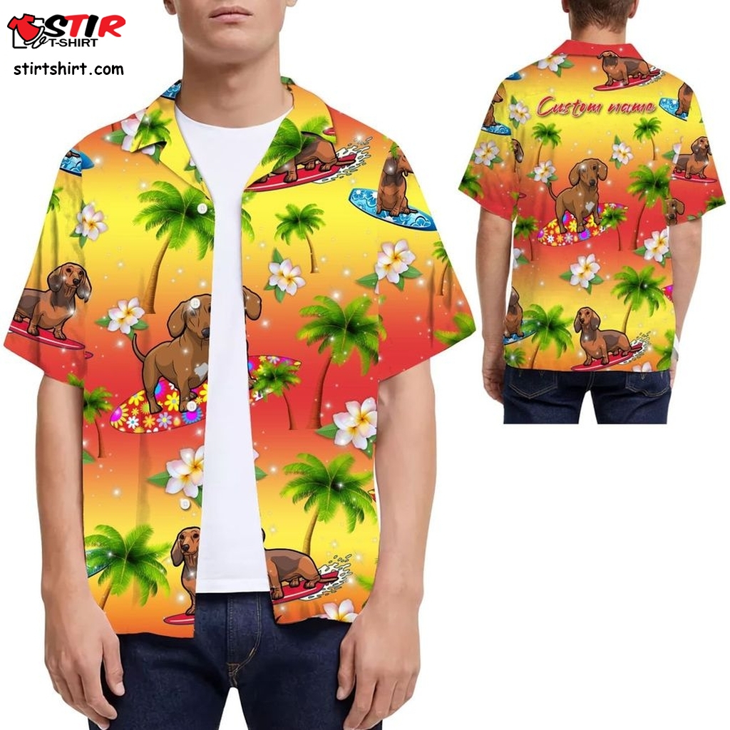 Surfing Dachshund Coconut Tree Custom Name Men Hawaiian Shirt For Dog Lovers