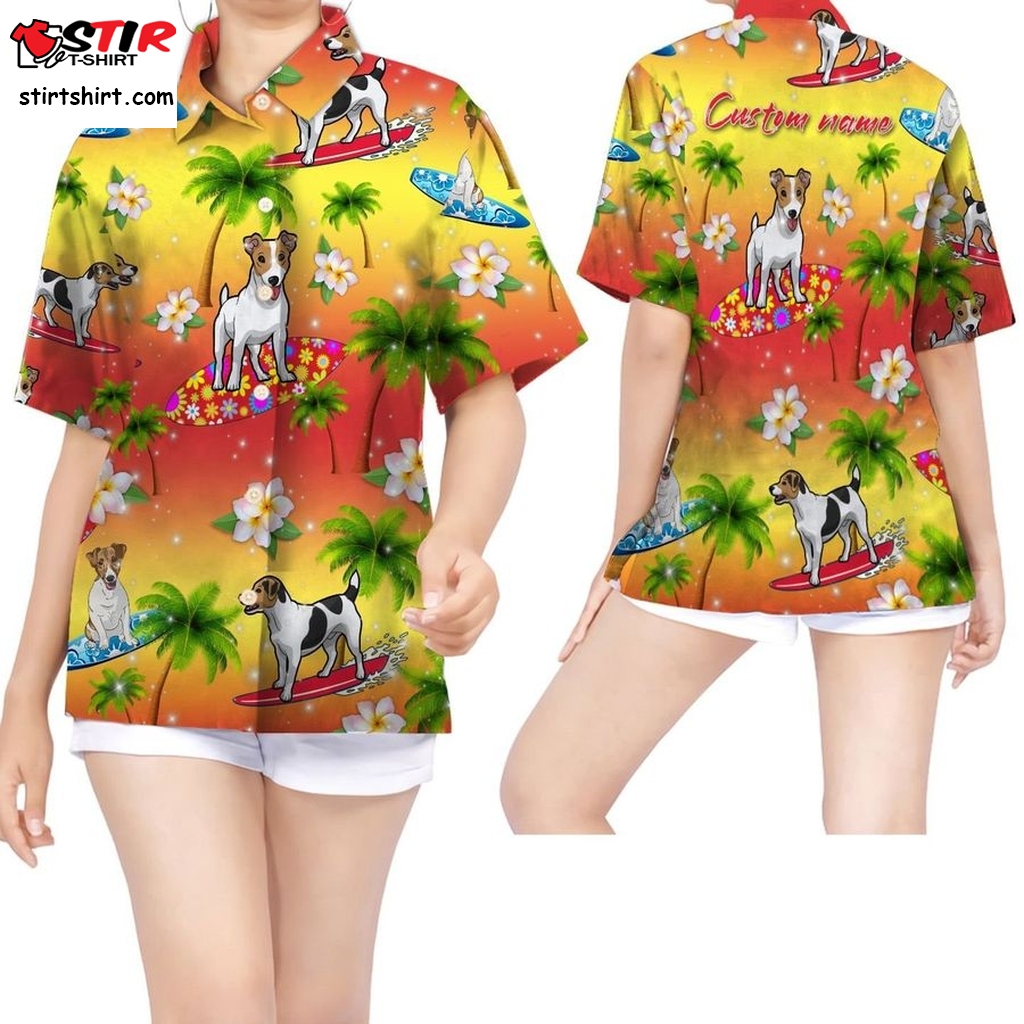 Surfing Jack Russell Coconut Tree Custom Name Women Hawaiian Shirt For Dog Lovers