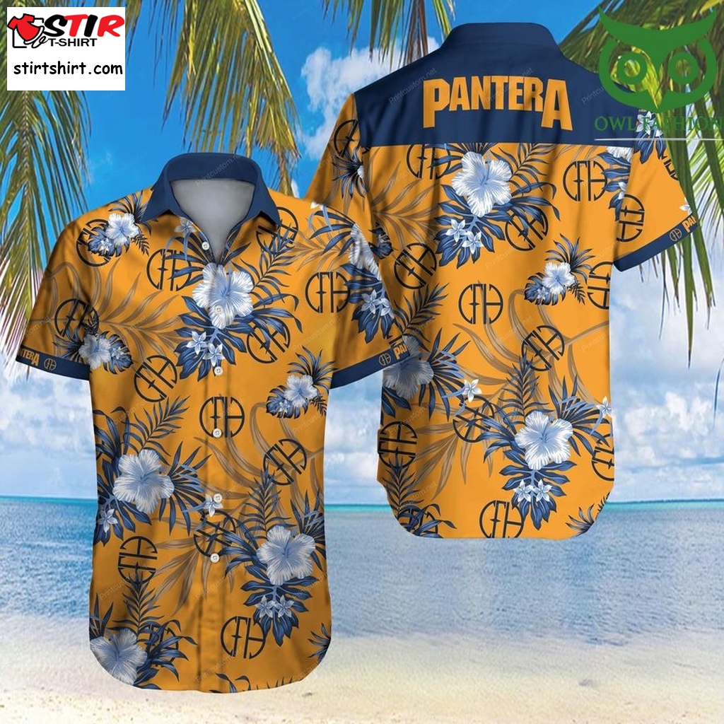 Tlmus Pantera Blue Collar Yellow Tropical Hawaiian Shirt  Camp Collar 