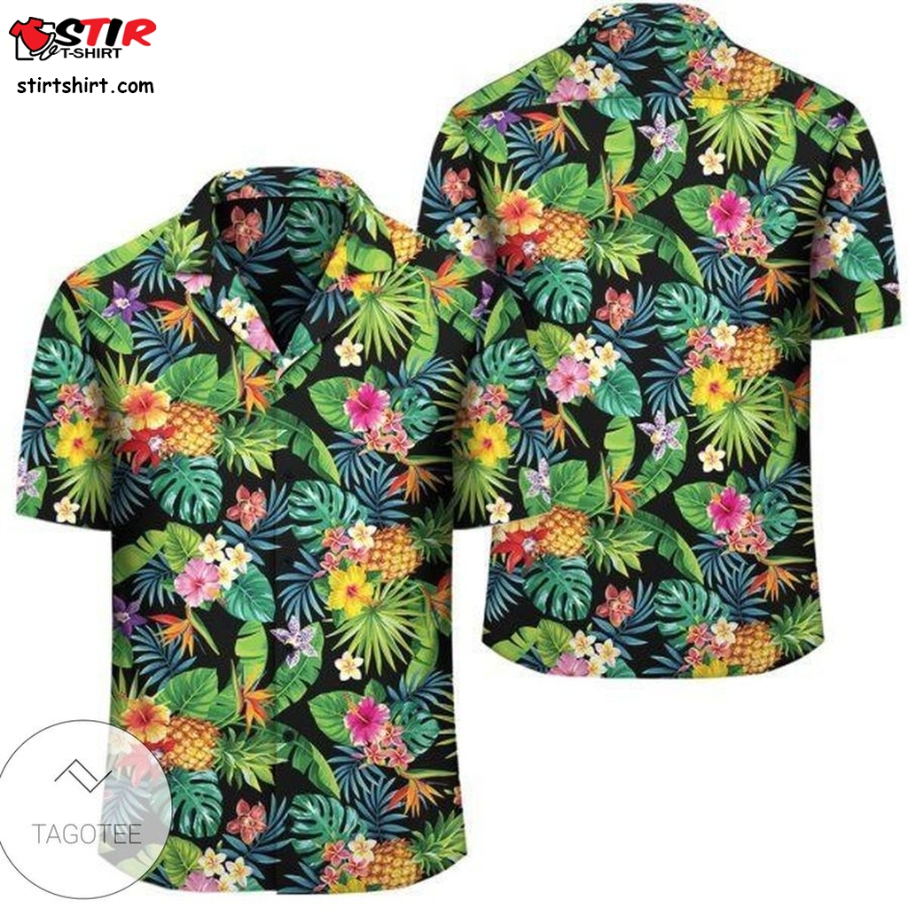 Tropical Pattern With Pineapples Palm Leaves And Flowers Hawaiian Shirt   With Shorts