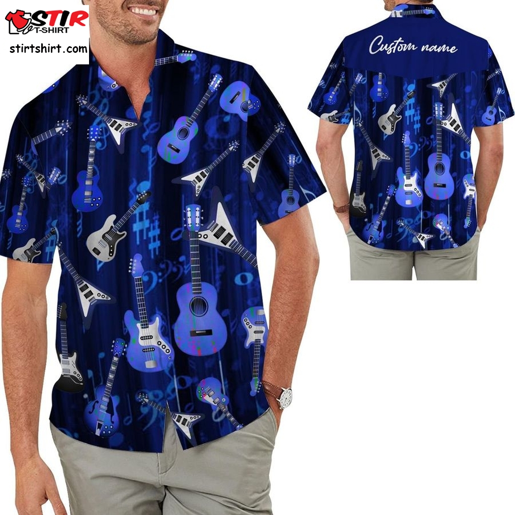 Types Of Guitar Music Note Pattern Button Up Custom Name Personalized Gifts Men Aloha Hawaiian Shirt For Guitarists Music Lovers   Pattern Sewing
