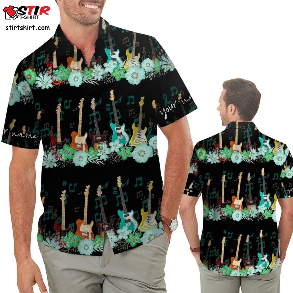 Types Of Guitars Music Tropical Floral Custom Name Men Button Up Aloha Hawaiian Shirt Personalized Gifts For Guitarist  Hawaiian Button Up Shirt
