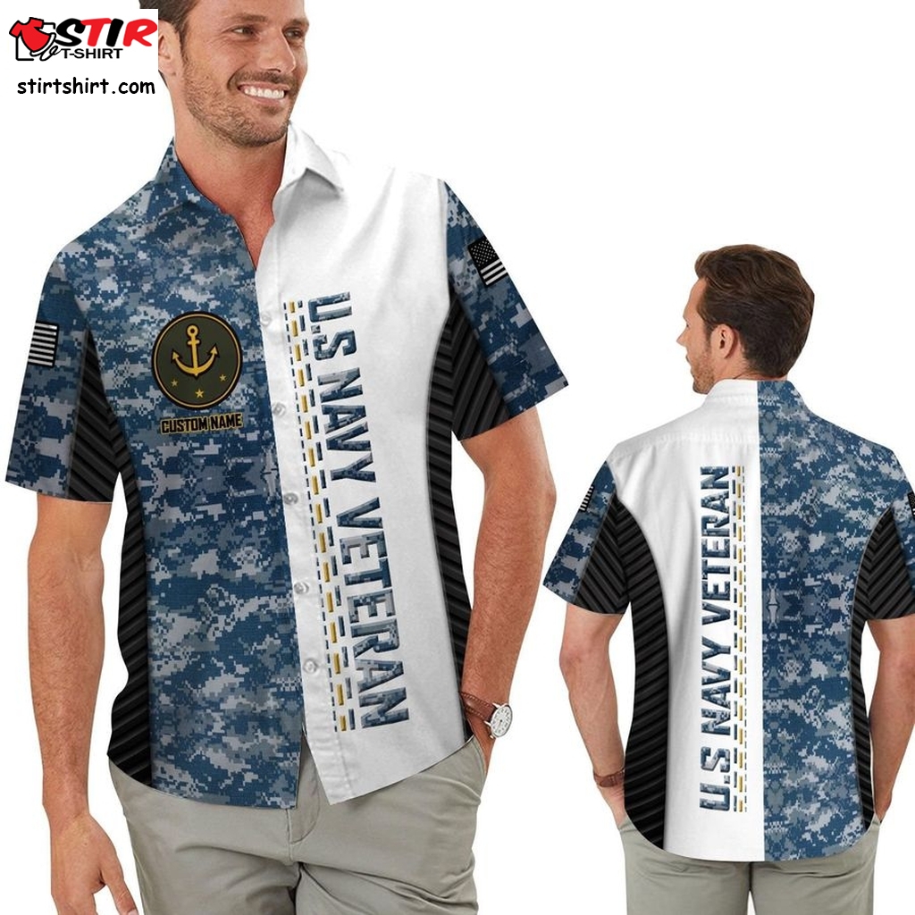 Us Navy Military Camouflage Background Custom Name Pesonalized Gifts Aloha Men Button Up Hawaiians Shirt For Veteran In Summer  Camo 